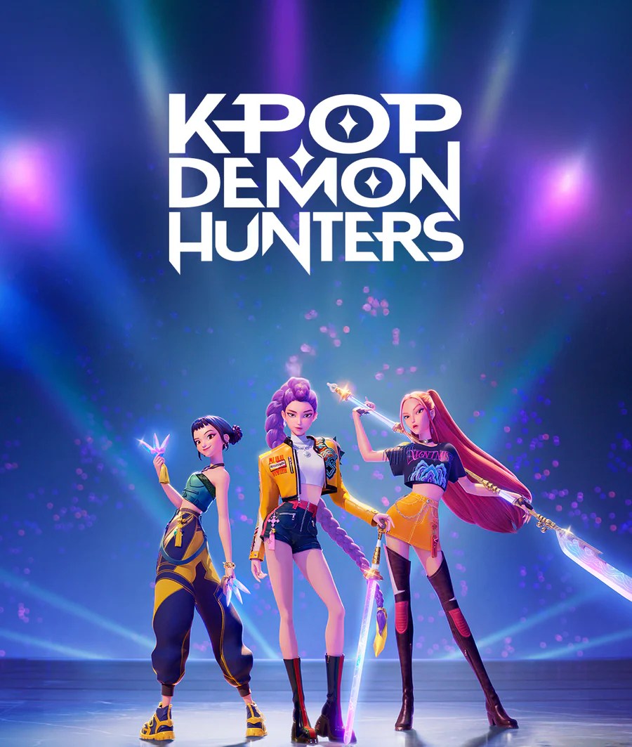 Render 3D de las protagonistas de KPop Demon Hunters empuñando micrófonos y espadas