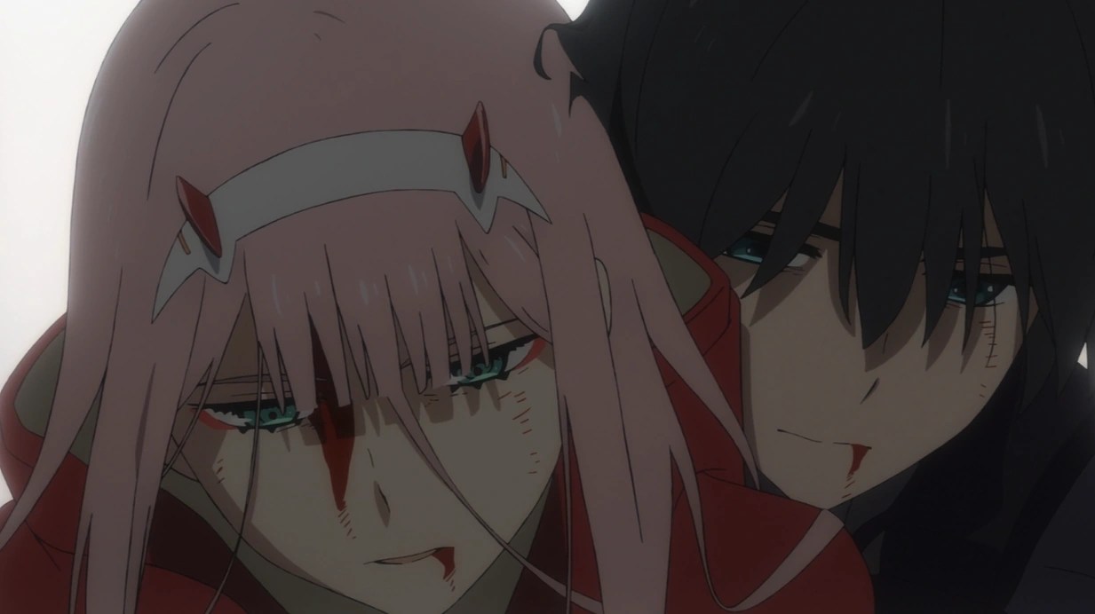 Zero Two y Hiro pilotando el FranXX Strelizia durante la etapa de mayor popularidad de la serie.