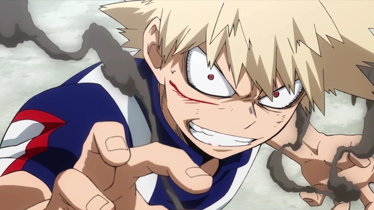 Primer plano de Katsuki Bakugo mostrando su quirk Explosion en la ilustración conmemorativa