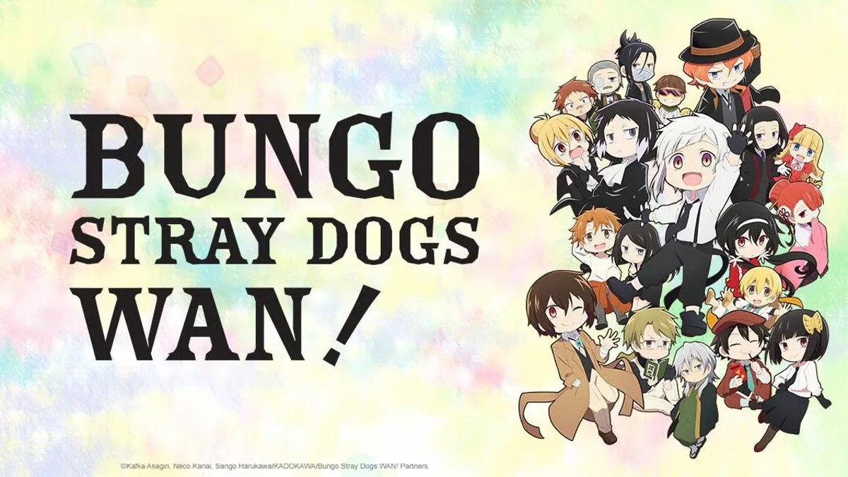 Arte promocional de la segunda temporada de Bungo Stray Dogs Wan! con los personajes en estilo chibi