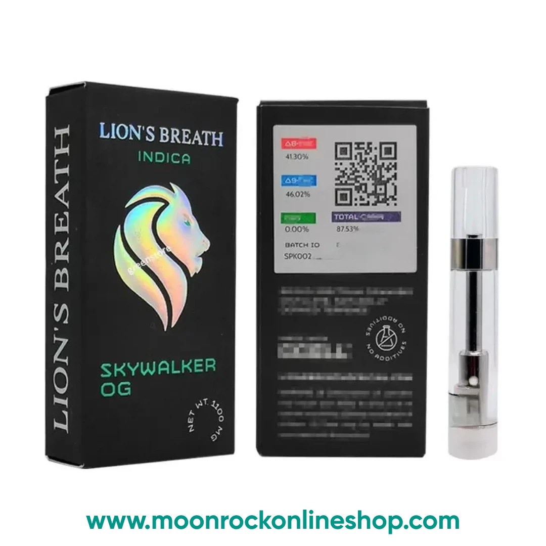 Lab-tested Lion’s Breath THC vape cartridge with tropical flavor, 94.55% potency, California-made”*