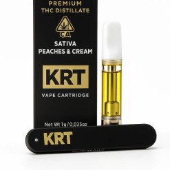 KRT Carts Peaches & Cream vape cartridge and disposable stick with retail packaging on white background.