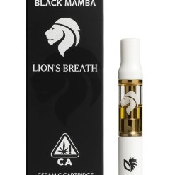 Studio product photo of the Lion’s Breath DIME vape cart and packaging, featuring California cannabis compliance elements including THC label, universal symbol, QR code, and safety warnings.