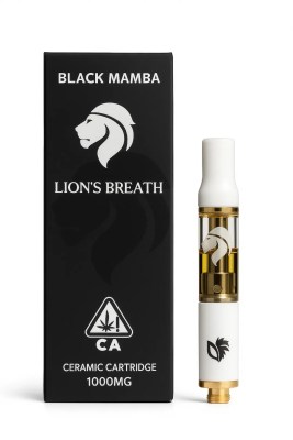Studio product photo of the Lion’s Breath DIME vape cart and packaging, featuring California cannabis compliance elements including THC label, universal symbol, QR code, and safety warnings.