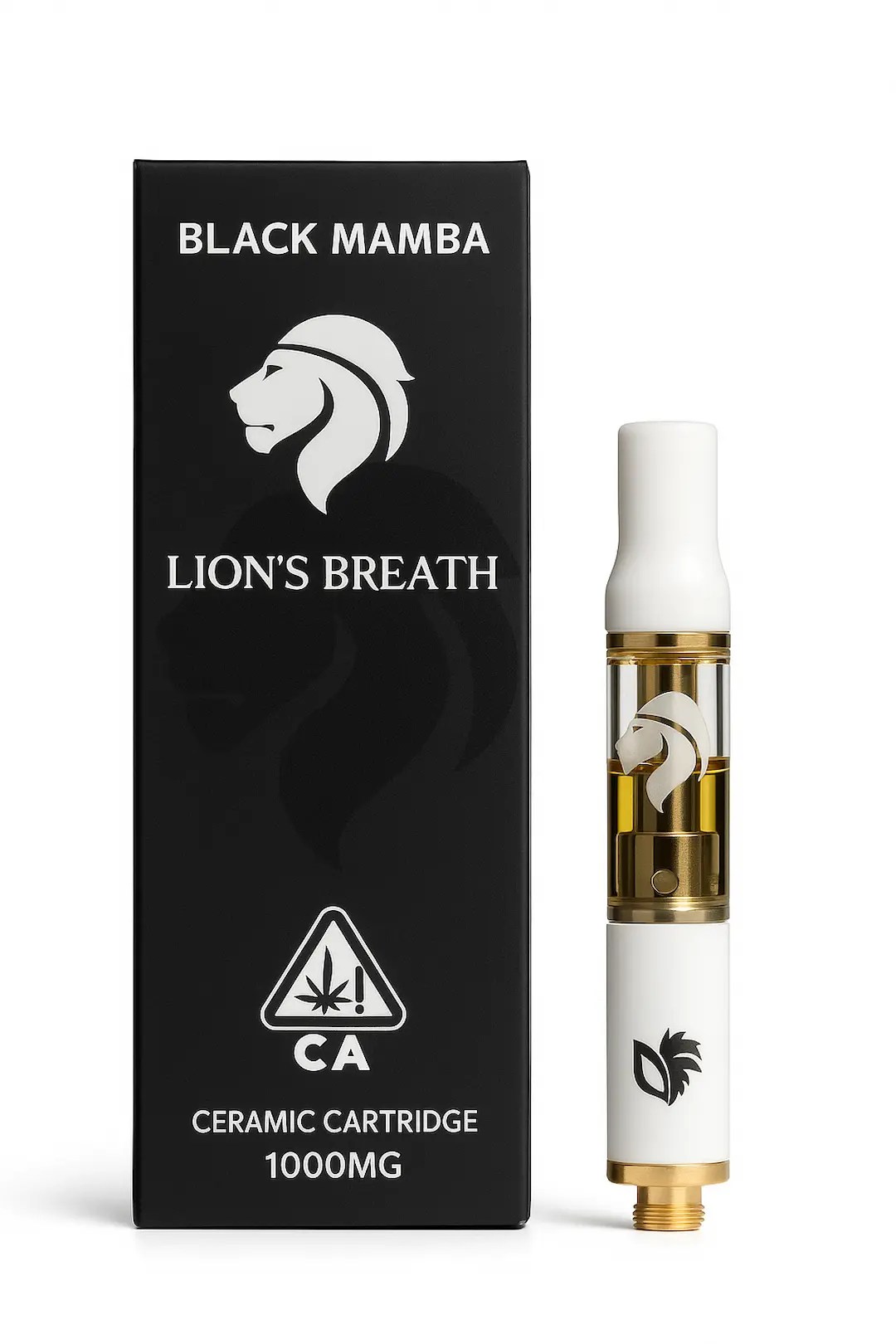 Studio product photo of the Lion’s Breath DIME vape cart and packaging, featuring California cannabis compliance elements including THC label, universal symbol, QR code, and safety warnings.