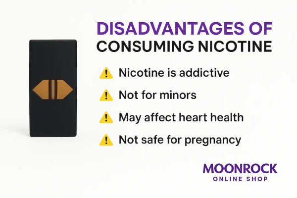 Educational product image showing JUUL Pod with key warnings: nicotine is addictive, not for minors, may affect heart health, and not safe for pregnancy. Created for Moonrock Online Shop to promote safe and responsible use