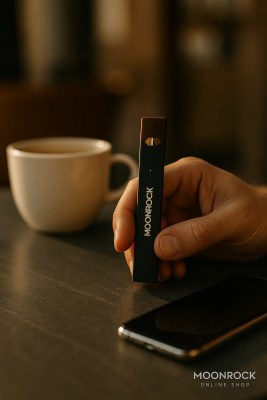Lifestyle photo of an adult hand holding a Moonrock-branded JUUL device with Virginia Tobacco pod on a dark slate table next to coffee and smartphone, warm afternoon ligh