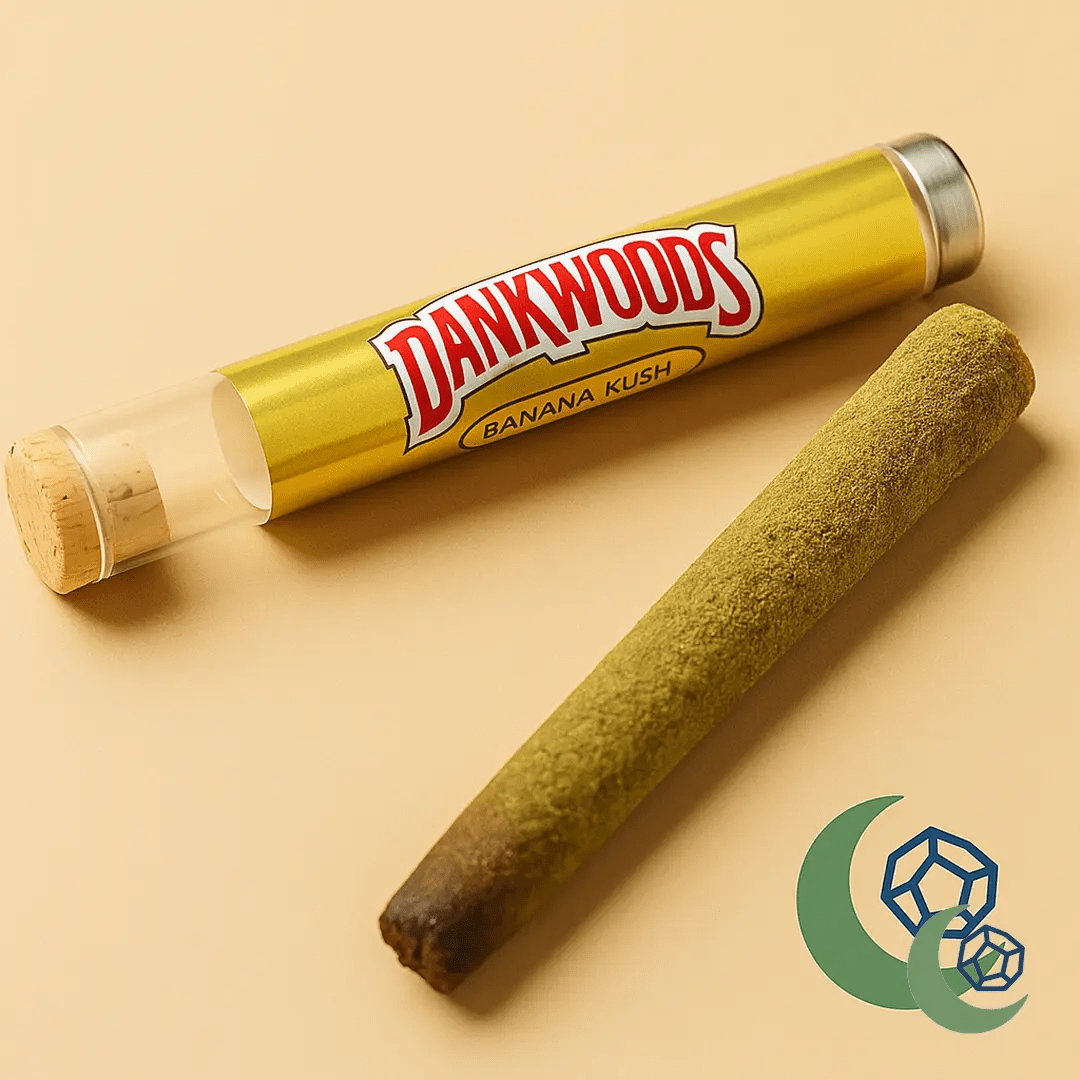 Buy Dankwoods online – Banana Kush strain in gold-labeled tube with a kief-coated pre-roll on soft beige background. Available at MoonrockOnlineShop.