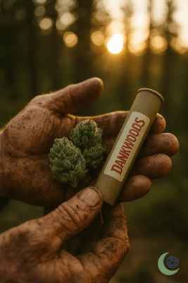 Sun-warmed hands of Oregon cannabis farmers Dave & Maria holding fresh Dankwoods pre-roll buds beside smell-proof tube at their living soil farm near Eugene