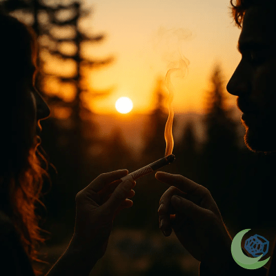 Two friends passing a lit Dankwoods pre-roll at sunset, backlit smoke swirling over mountain silhouette