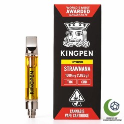 King Pen Strawnana hybrid vape cartridge with bold red packaging – lab-tested and Moonrock verified.