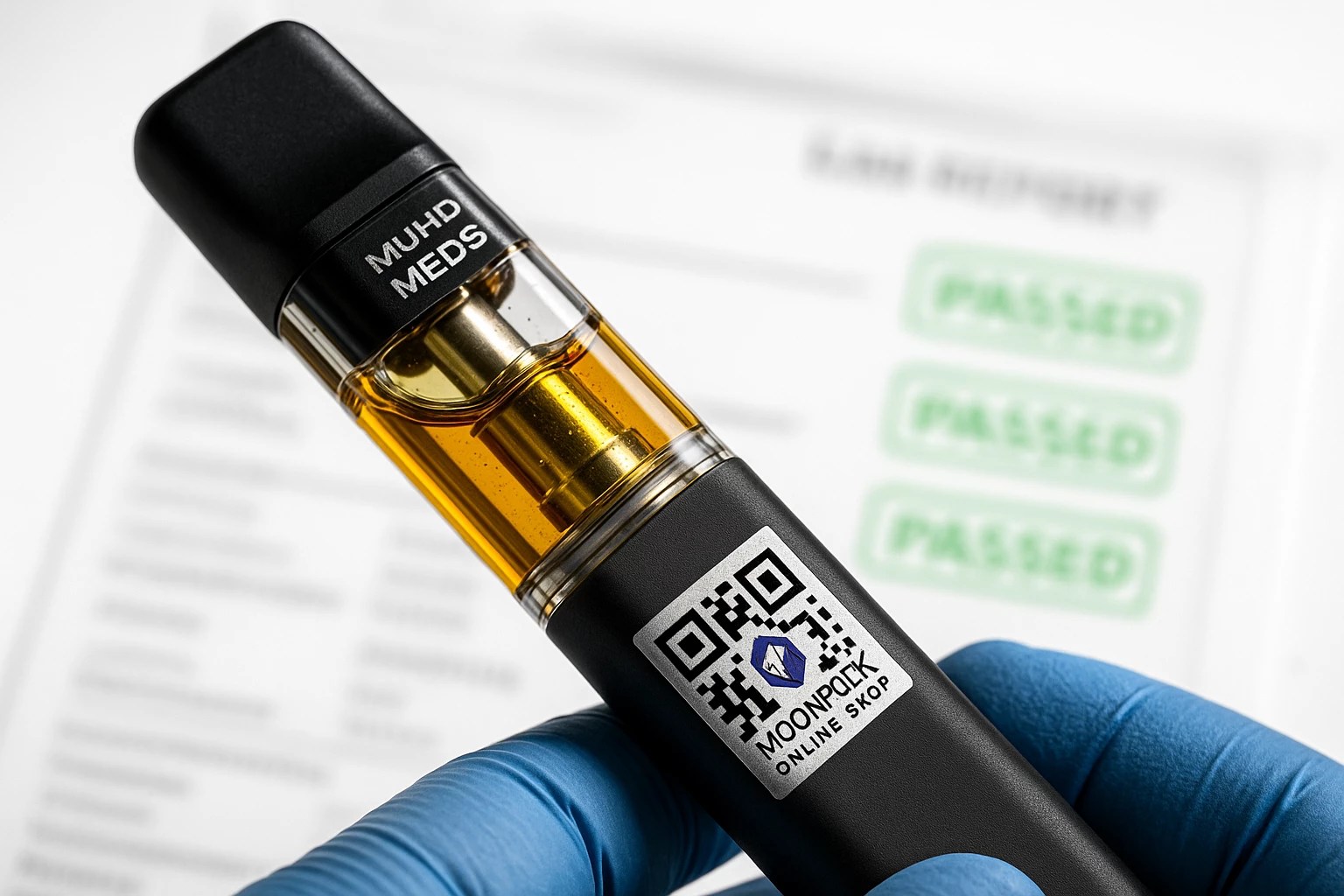 lab-tested muha meds vape pen with QR code - Moonrock verified
