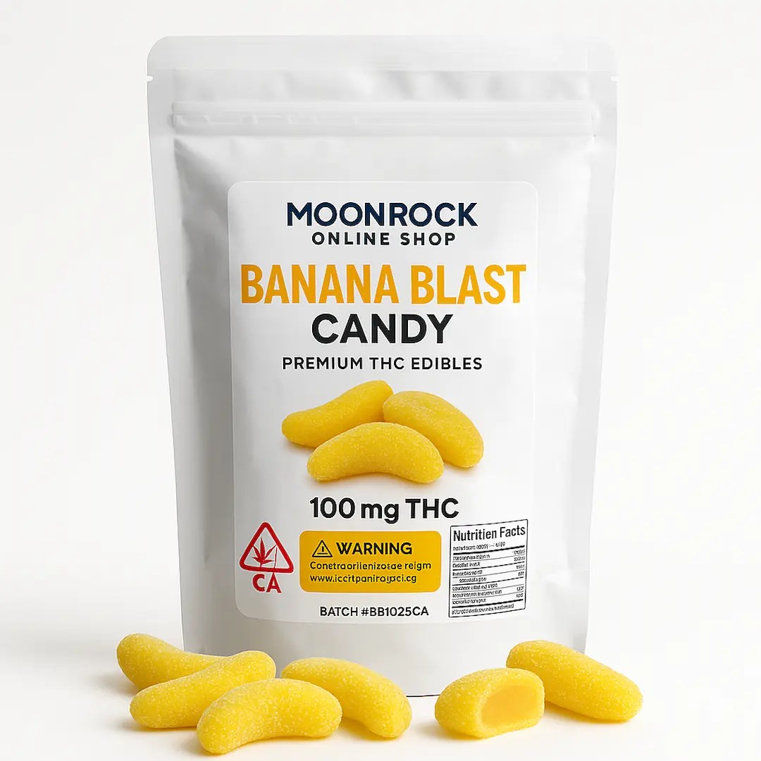 Banana Blast Candy – Premium THC Edibles by Moonrock Online Shop in resealable child-resistant pouch, labeled 100mg THC, California cannabis warning symbol, Prop 65 warning, batch #BB1025CA, nutrition facts, and sugar-dusted banana-shaped THC candies on white background