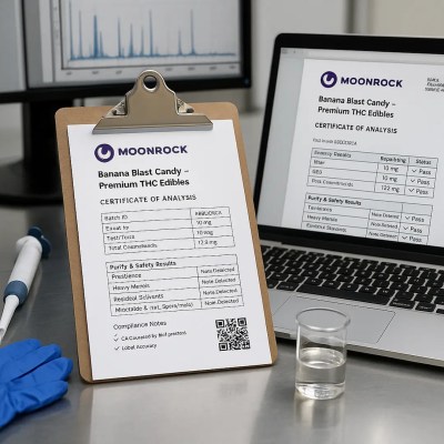 Certificate of Analysis for Banana Blast Candy – Premium THC Edibles on a lab table beside laptop and pipette, Moonrock Online Shop, batch #BB1025CA