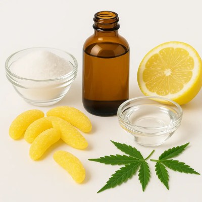 Ingredients for Banana Blast Candy – Premium THC Edibles by Moonrock Online Shop, showing banana-shaped THC gummies, raw sugar, corn syrup, cannabis extract oil, lemon for citric acid, and cannabis leaves on a white background