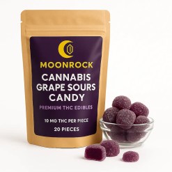Buy Cannabis Grape Sours Candy – Moonrock premium THC grape edibles in eco-friendly pouch with sugar-dusted gummies on white background