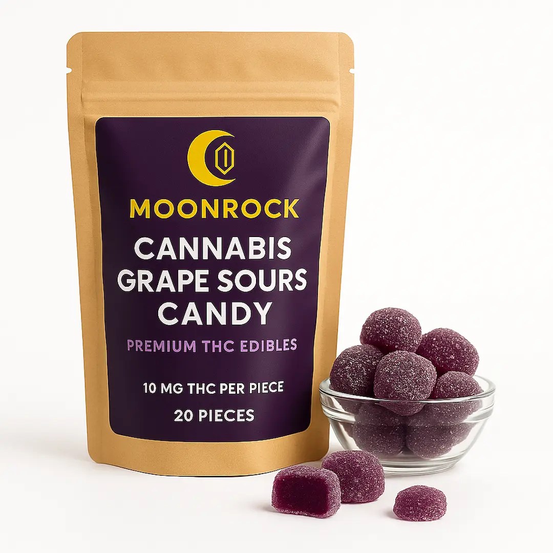 Buy Cannabis Grape Sours Candy – Moonrock premium THC grape edibles in eco-friendly pouch with sugar-dusted gummies on white background