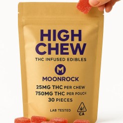 Moonrock High Chew Edibles 30 count, 25mg THC per chew, 750mg total THC, California compliant on white background