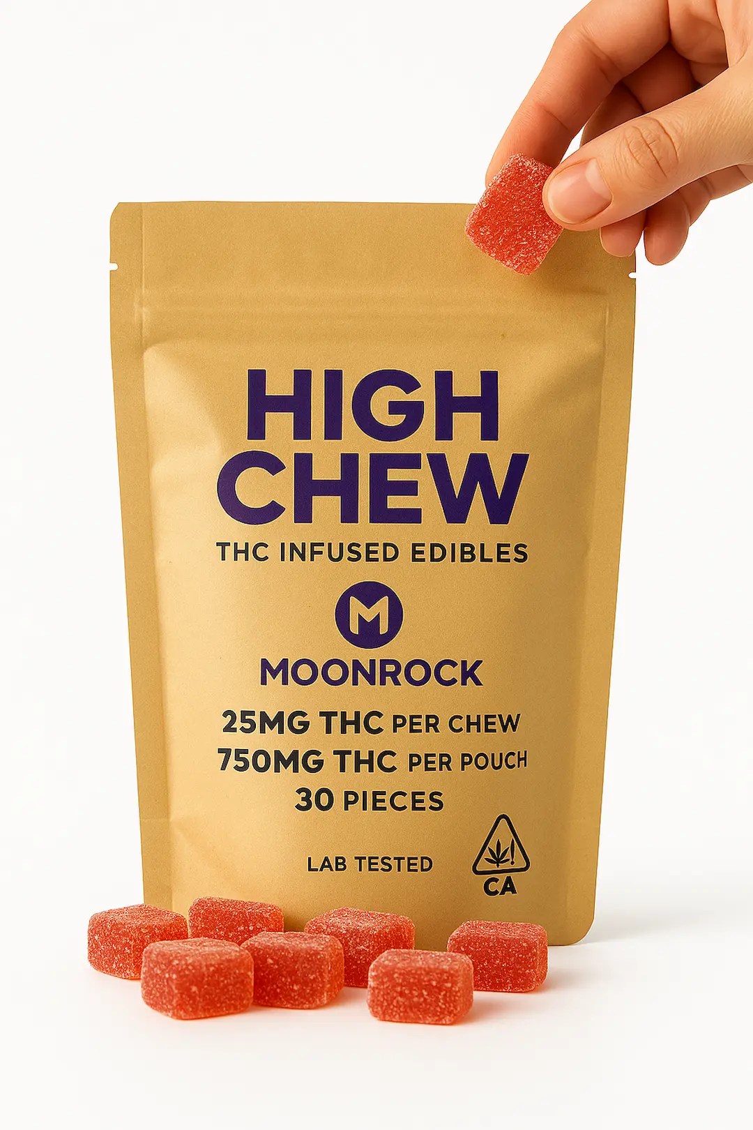 Moonrock High Chew Edibles 30 count, 25mg THC per chew, 750mg total THC, California compliant on white background