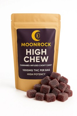 Buy High Chew Moonrock Edibles Online – cannabis-infused chewy candy in eco-friendly pouch on white background