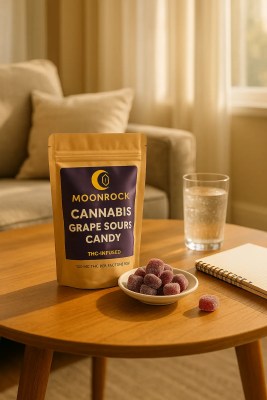 Lifestyle photo of Moonrock Cannabis Grape Sours Candy pouch with sugar-dusted THC gummies on a wooden coffee table in a cozy California living room with sunlight and sparkling water.
