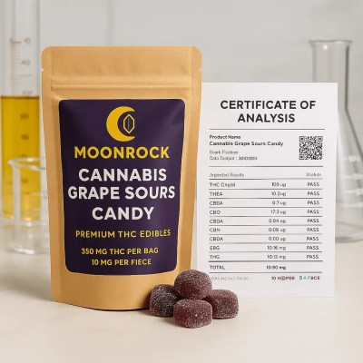 Lab-tested Moonrock Cannabis Grape Sours Candy with Certificate of Analysis — premium THC edibles backed by verified results for purity and potency.