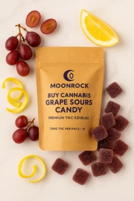 Flat lay photo of Moonrock Cannabis Grape Sours Candy pouch with sugar-dusted THC gummies, fresh grapes, lemon zest, and natural fruit ingredients on marble backgroud,