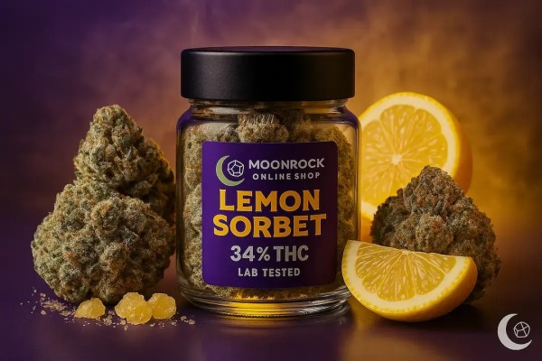 Buy Lemon Sorbet Pre Rolls Online – Premium Flavored Cannabis Pre-Roll Jar with Moonrock Online Shop Logo