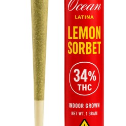 Bright red Lemon Sorbet cannabis pre-roll with authentic packaging and premium flower