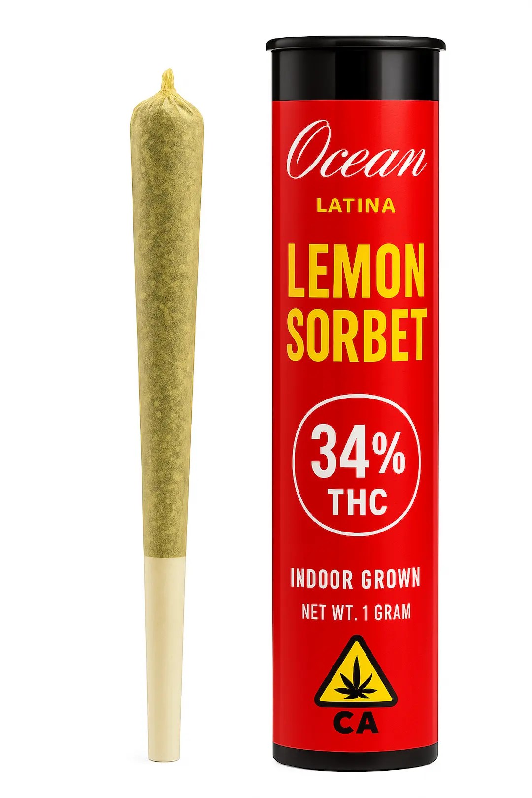 Bright red Lemon Sorbet cannabis pre-roll with authentic packaging and premium flower