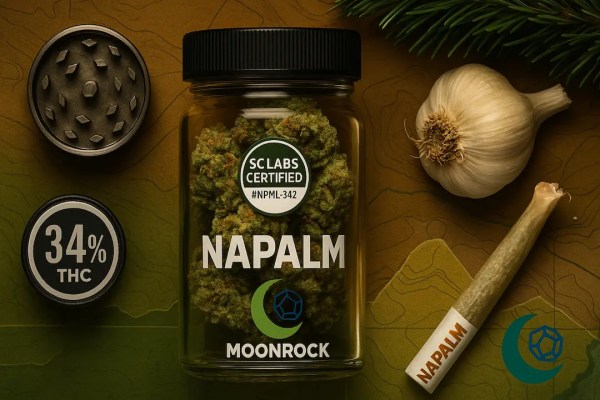 "Buy Napalm strain online – Moonrock Napalm flower in glass jar with SC Labs Certified seal beside GMO Cookies garlic bulb and Chemdawg pine branches on artillery-themed background