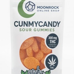 CUNMYCANDY 300mg THC Sour Gummies in clear resealable pouch with Moonrock Online Shop branding and lab-tested cannabis edible label.
