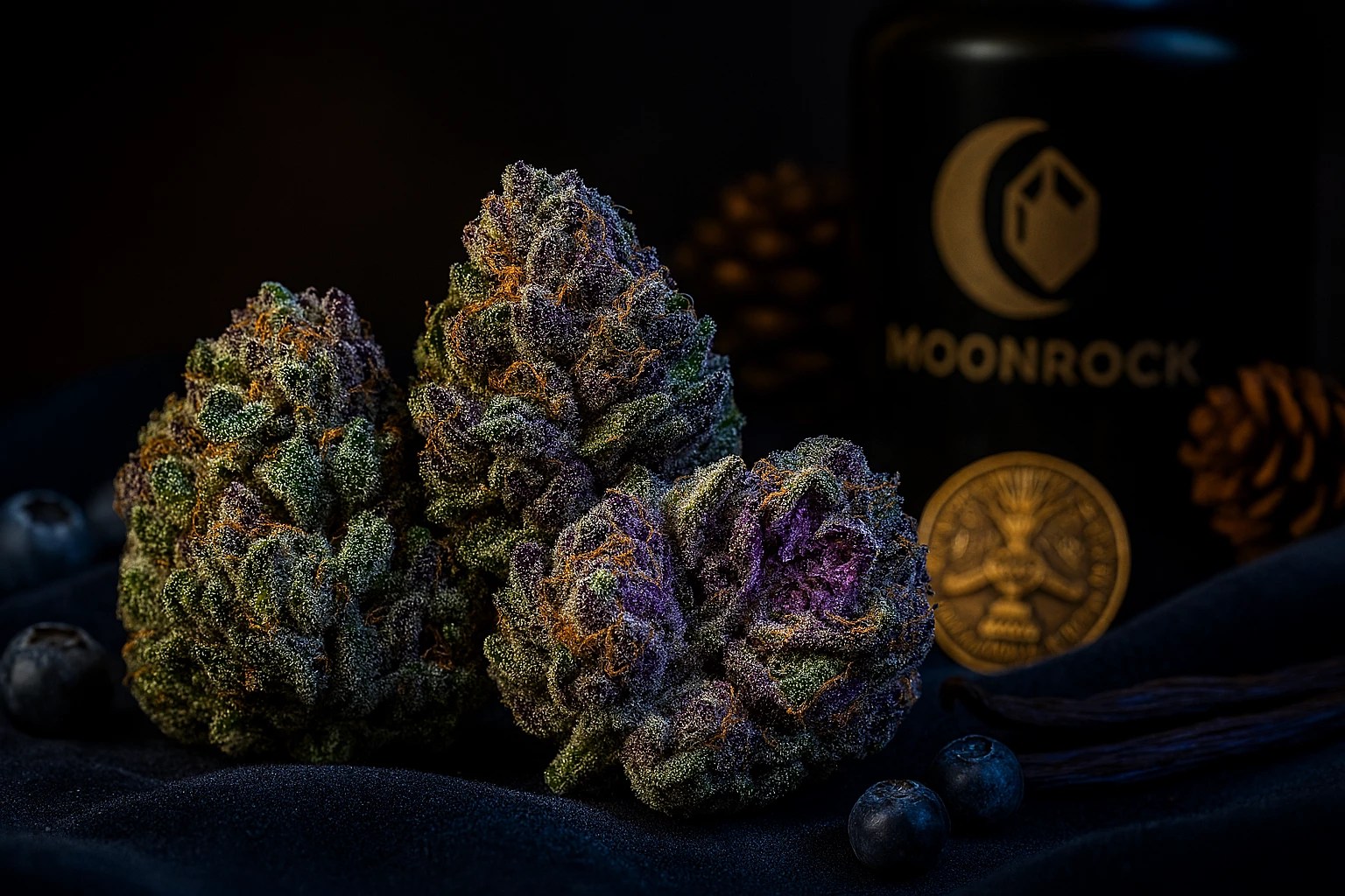 Close-up of frosty Blueberry hybrid cannabis buds with purple hues beside fresh blueberries and Moonrock apothecary jar - Award-winning indica strain