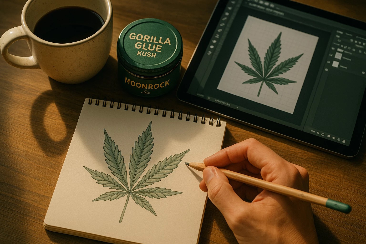 Artist using Gorilla Glue Kush Strain for creative projects with Moonrock cannabis products