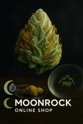 Frosty Gorilla Glue Kush Strain sativa-dominant buds in glass jar with Moonrock packaging