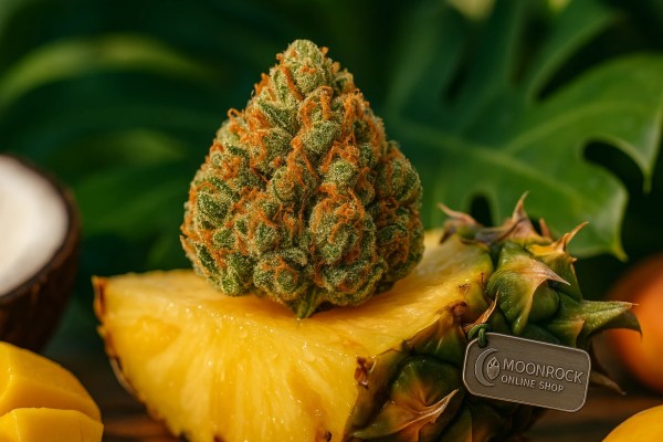 Pineapple Express Hybrid Strain premium cannabis buds displayed on fresh pineapple with tropical garnish - Moonrock Online Shop
