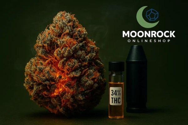 Photorealistic close-up of Napalm cannabis flower with glowing amber trichomes, 34% THC lab vial, and artillery shell casing on military-green background