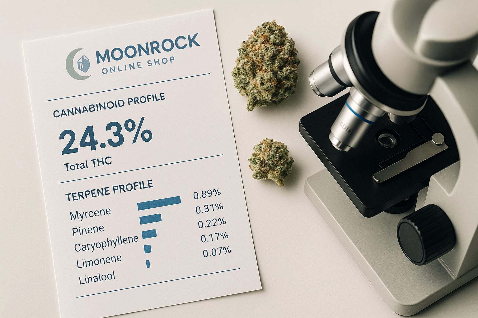Lab-tested White Widow strain showing 24.3% THC and terpene profile with microscope – Buy White Widow Strain at Moonrock