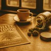 Vintage Amsterdam coffee shop scene with White Widow buds and poster – Buy White Widow Strain online