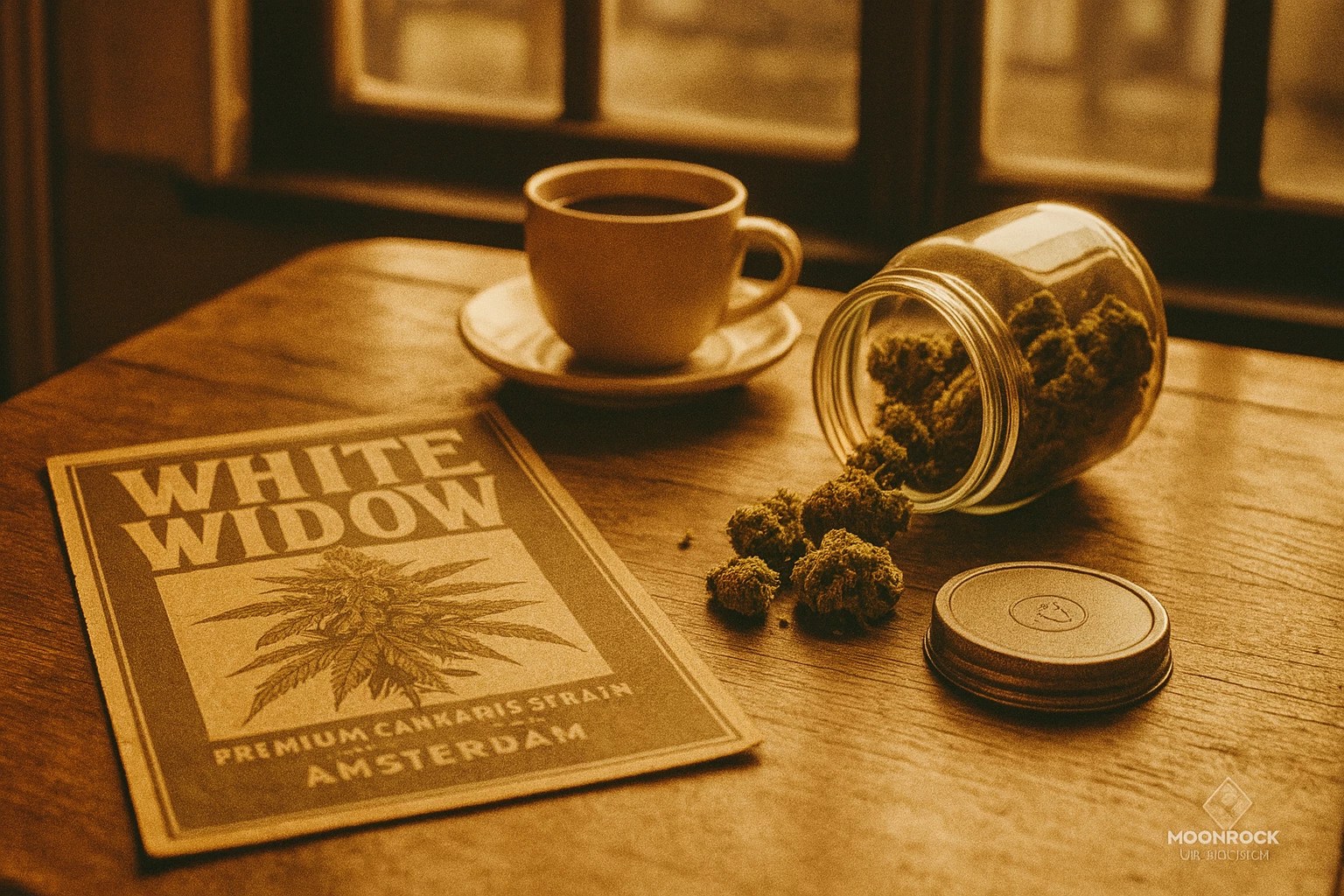 Vintage Amsterdam coffee shop scene with White Widow buds and poster – Buy White Widow Strain online