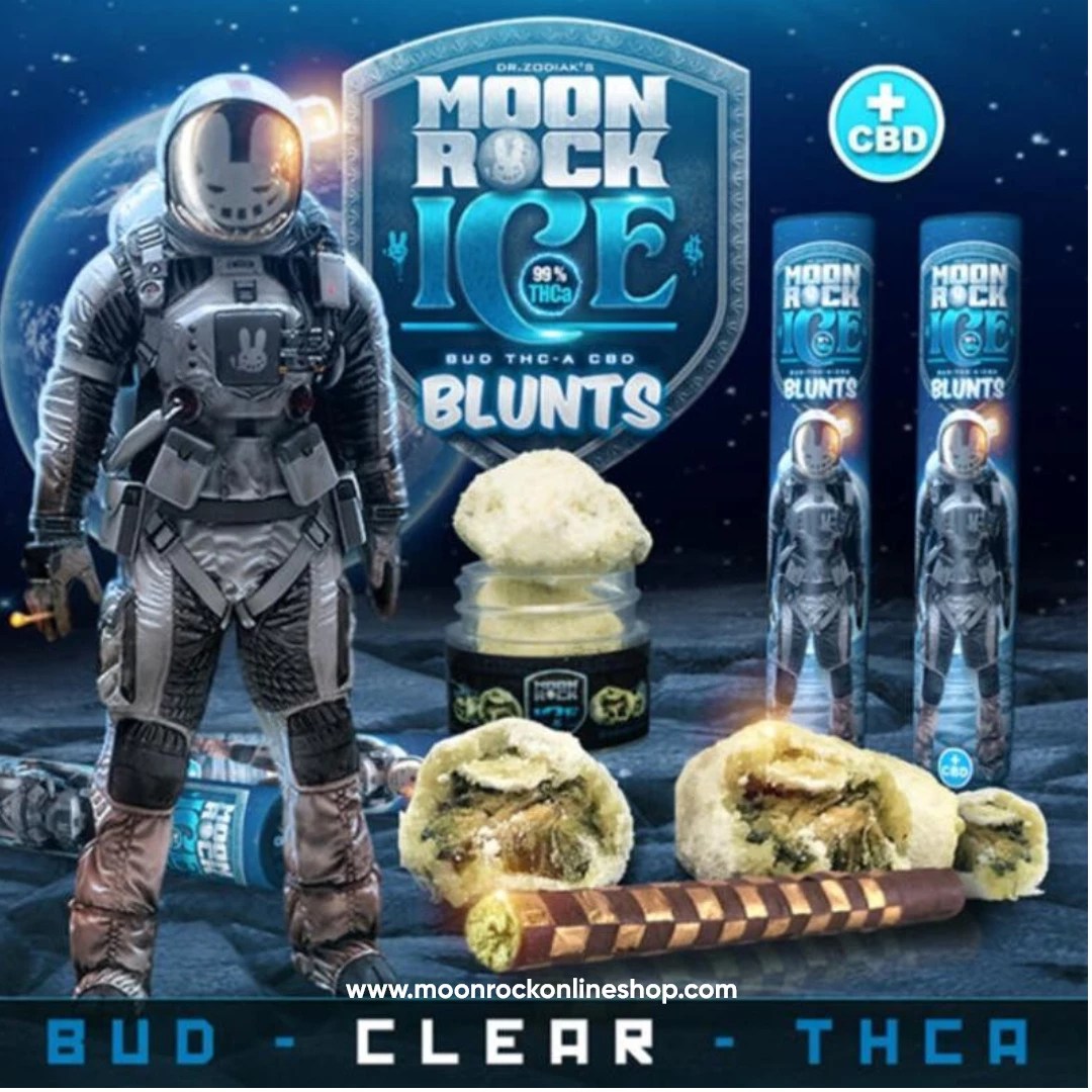 Dr. Zodiak's Moonrock Ice premium cannabis preroll coated in golden hash oil and kief, displayed on sleek packaging with brand logo.