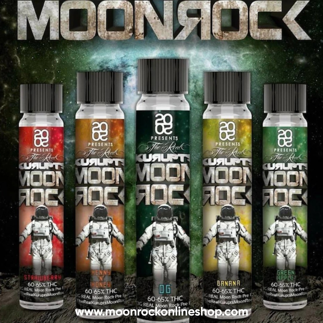 Kurupts Moonrock prerolls in luxury packaging with visible hash oil glaze and kief coating, lab-tested cannabis joints