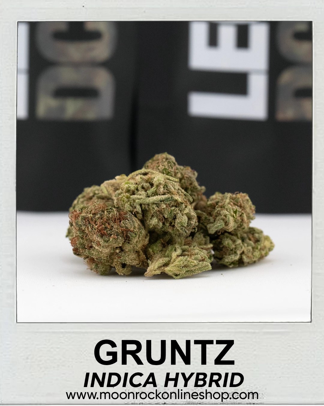 Gruntz Strain cannabis buds by Moonrock Online Shop – neon green buds with purple hues, sticky trichomes, and tropical fruit-themed packaging.