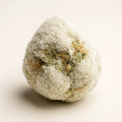 Close-up of Moonrock Ice 99% THCA ice-white nug showing frosty coating, golden oil layers, and trichome details for Moonrock Online Shop.