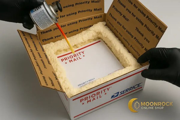 Natural lifestyle photo showing discreet shipping preparation — gloved hands carefully packing a plain cardboard box with foam and a padded envelope. Authentic packaging process from Moonrock Online Shop.