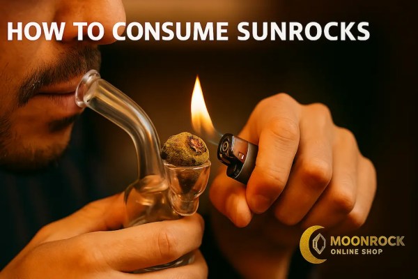 How to consume Sunrocks — person using a glass pipe with a Sunrocks nug, flame igniting slowly, branded by Moonrock Online Shop