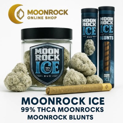 Moonrock Ice 99% THCA jar with frosty moonrock nugs, pre-roll blunt, and branded blunt tubes on a white background with Moonrock Online Shop gold logo.