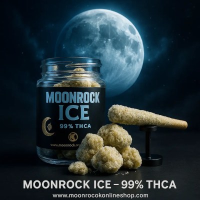 Moonrock Ice jar and frosty pre-roll on a sleek surface with a cosmic moon background for Moonrock Online Shop.