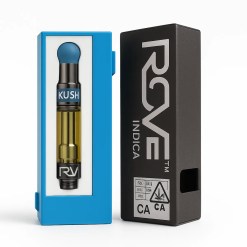 “Rove Kush Indica vape cartridge in blue box beside branded black packaging on white background.