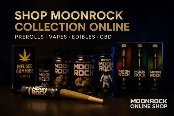 Shop Moonrock Collection Online — premium prerolls, vapes, edibles, and CBD products displayed on a luxury store counter from Moonrock Online Shop.